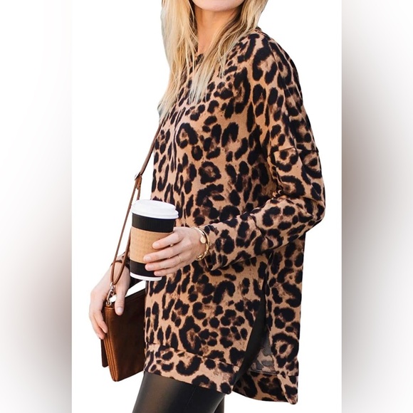 Amaryllis Tops - New Amaryllis Women's Shirt 3XL Brown Black Leopard Tunic Drop Shoulder